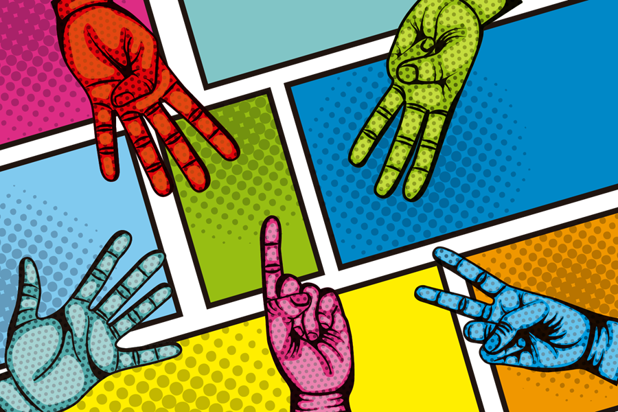 Lots of hand gestures in a pop art style