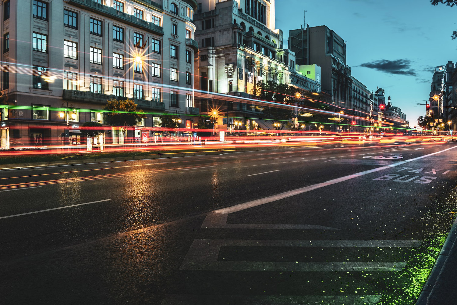 Busy traffic on Gran Via in Madrid, Spain 
