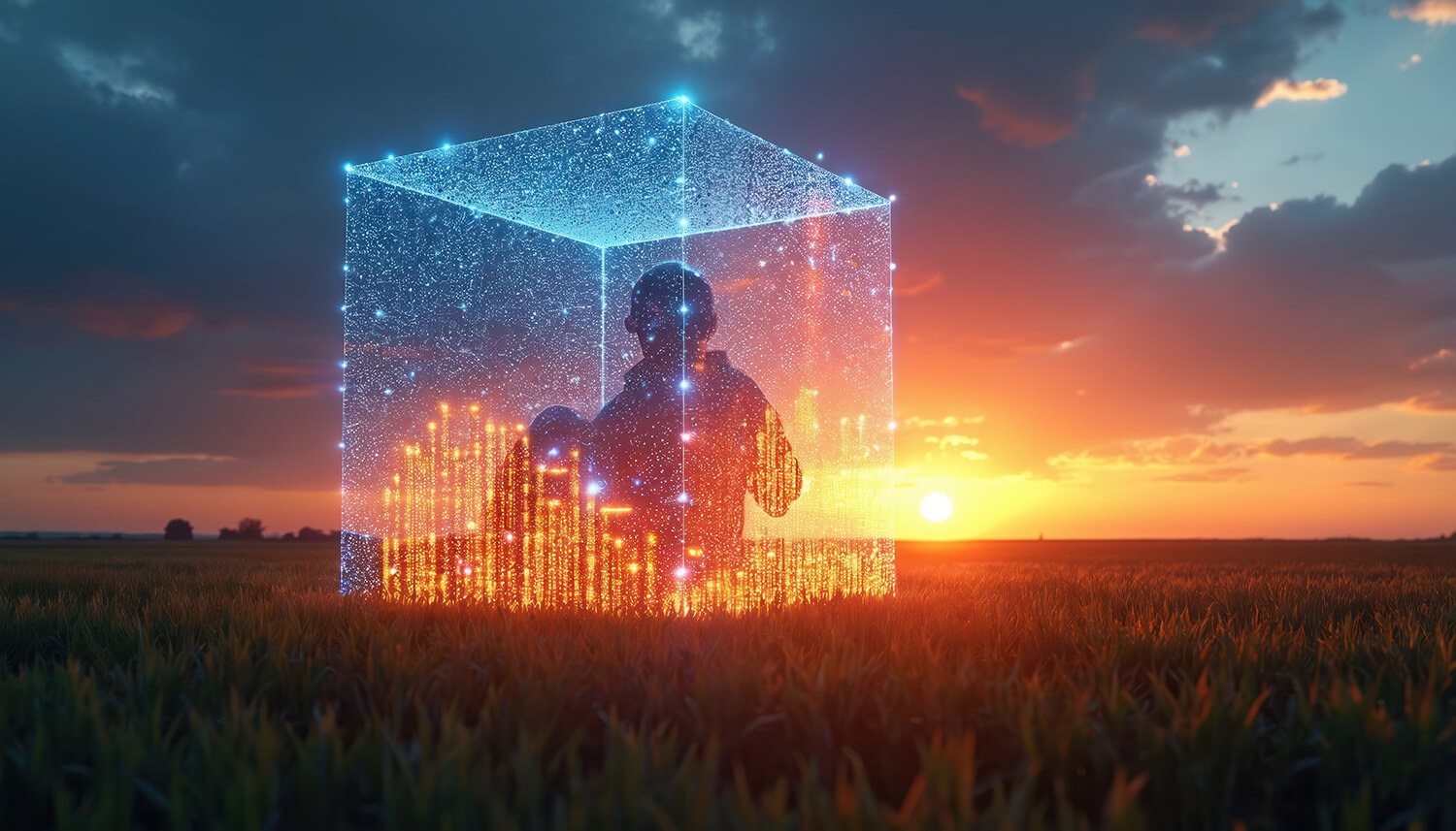 Person exploring data in a virtual cube
