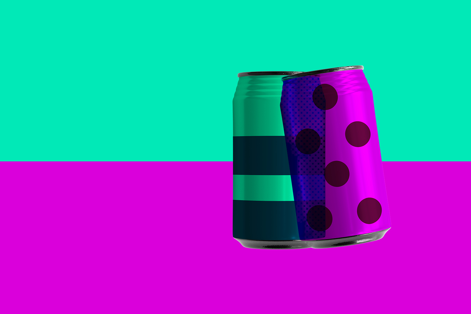 Two colourful cans with stripes and polka dots against a teal and hot pink background.