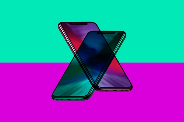 A green iPhone and a red and purple iPhone diagonally overlapping each other.