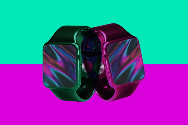 Two smart watches, one green and the other purple, facing away from each other.