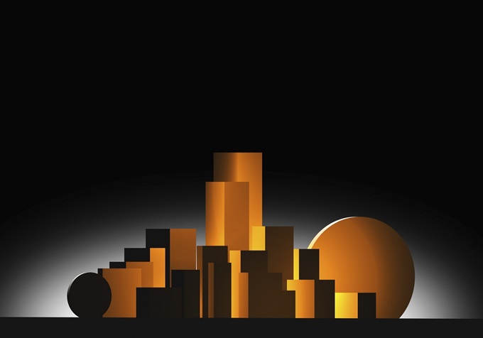 gold geometric shapes resembling a city skyline