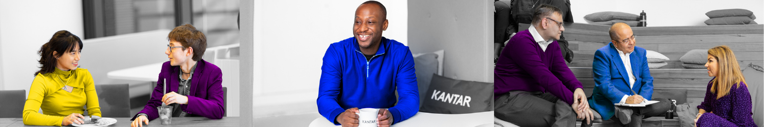 Three photographs that have a black and white background but people in colour,  forming a banner. The first picture is of  a young woman and a young man having lunch together. The second is of a young man having a cup of coffee. The third image is a group of three people talking together while sat in a co-working space.