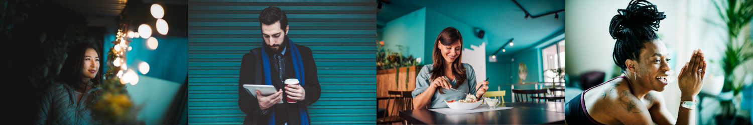 A group of four images that follow the green theme. Image one is of a woman looking at fairy lights. Image two is a man reading an ipad against a green textured background. Images three is a woman eating lunch in a cafe with green walls. Images four is a woman doing yoga with plants in the background. 