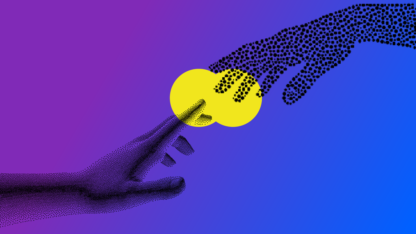 Human and digital hands reaching towards each other