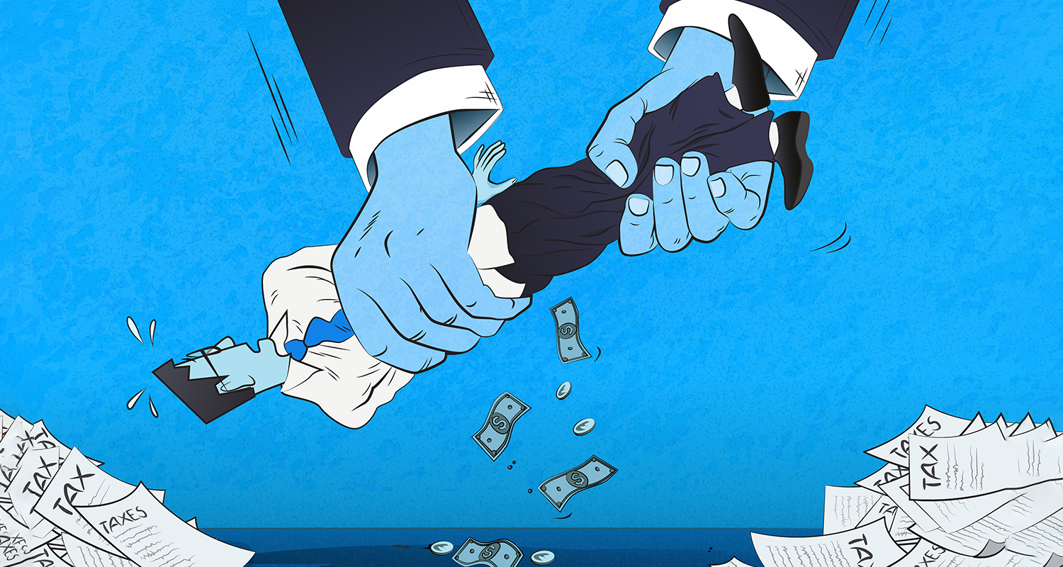 Man being shaken with money falling in a pop art style