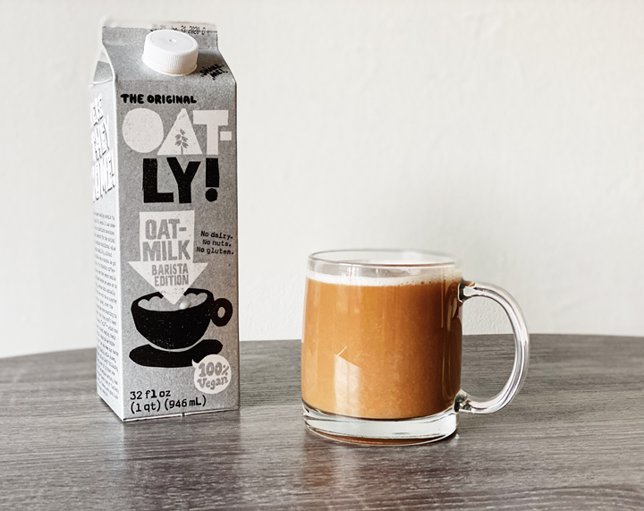 Carton of oat milk on a table