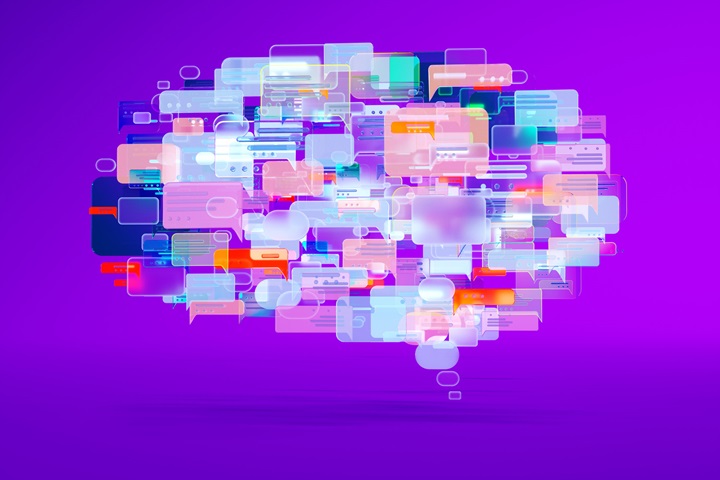 Purple background with text bubbles combined to create image of a brain