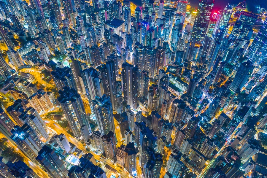 Aerial shot of city at night
