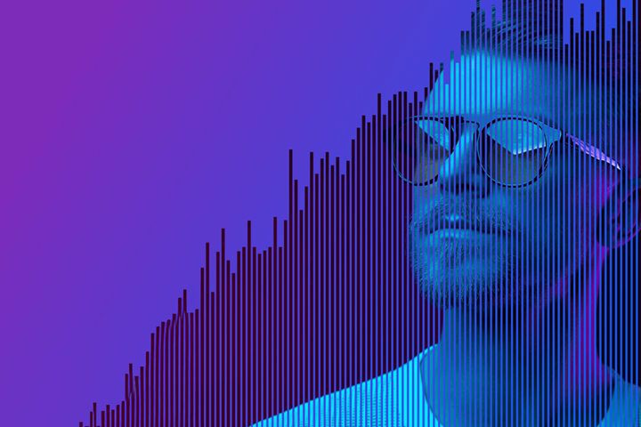 A bearded man wearing sunglasses looks slightly upward. His face is overlaid with vertical bars of varying heights, resembling a bar graph or soundwave.