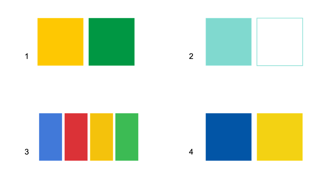 brand color quiz showing 4 sets of square boxes filled with distinctive brand colors