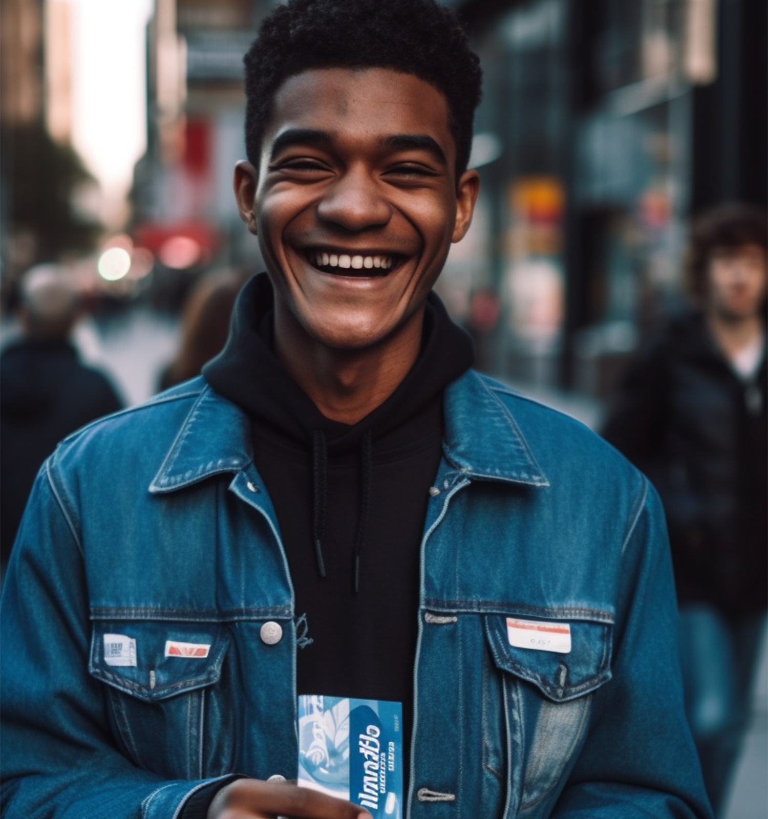 Person smiling with blue gum pack in the street