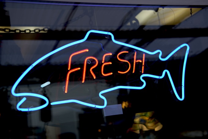 Neon fishmonger sign
